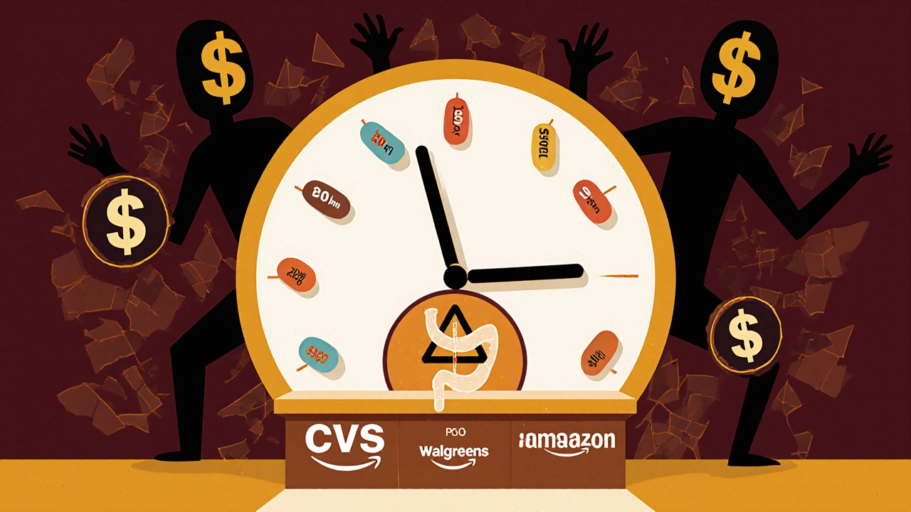 Clock with pills as numbers ticking over a glowing pharmacy and shadowy fake sites