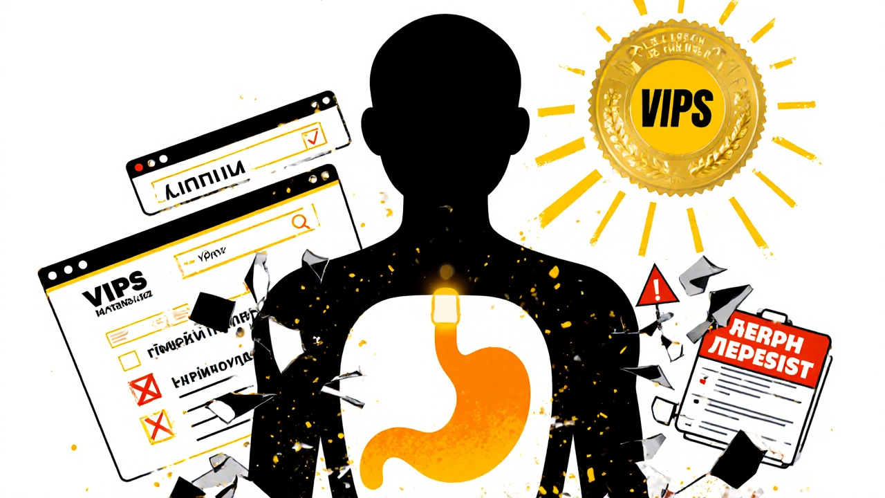 Transparent human silhouette with relieved stomach under VIPPS seal, crumbling fake websites below