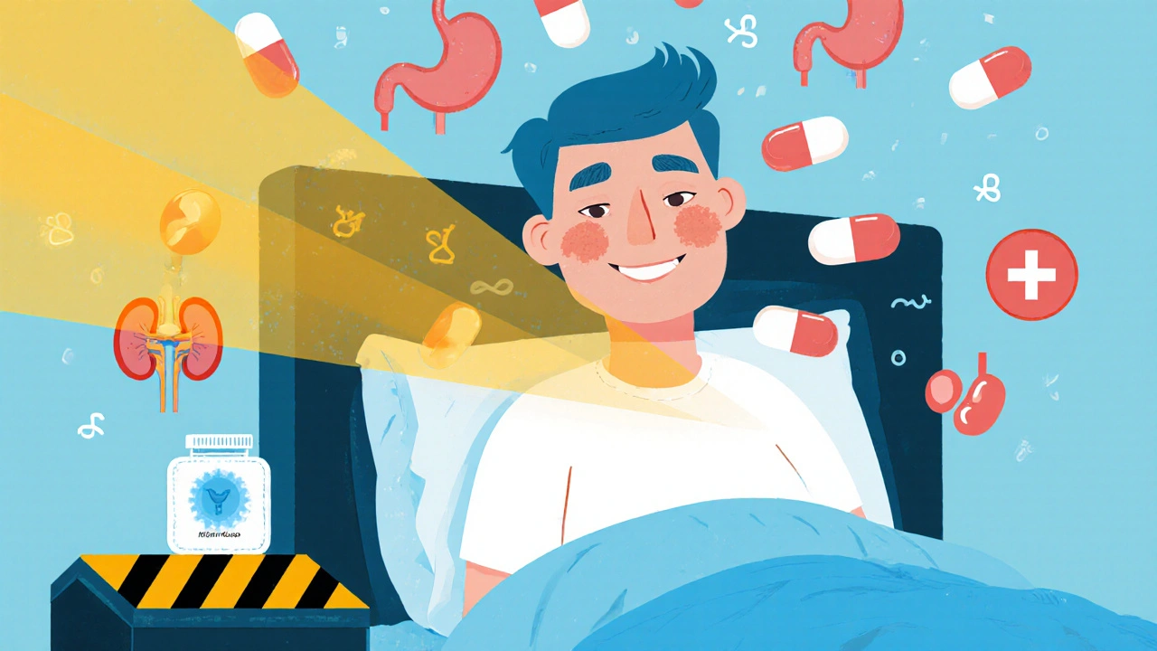 A cancer patient awake and clear-eyed, with opioid fog lifting as ketorolac emits calming blue light.