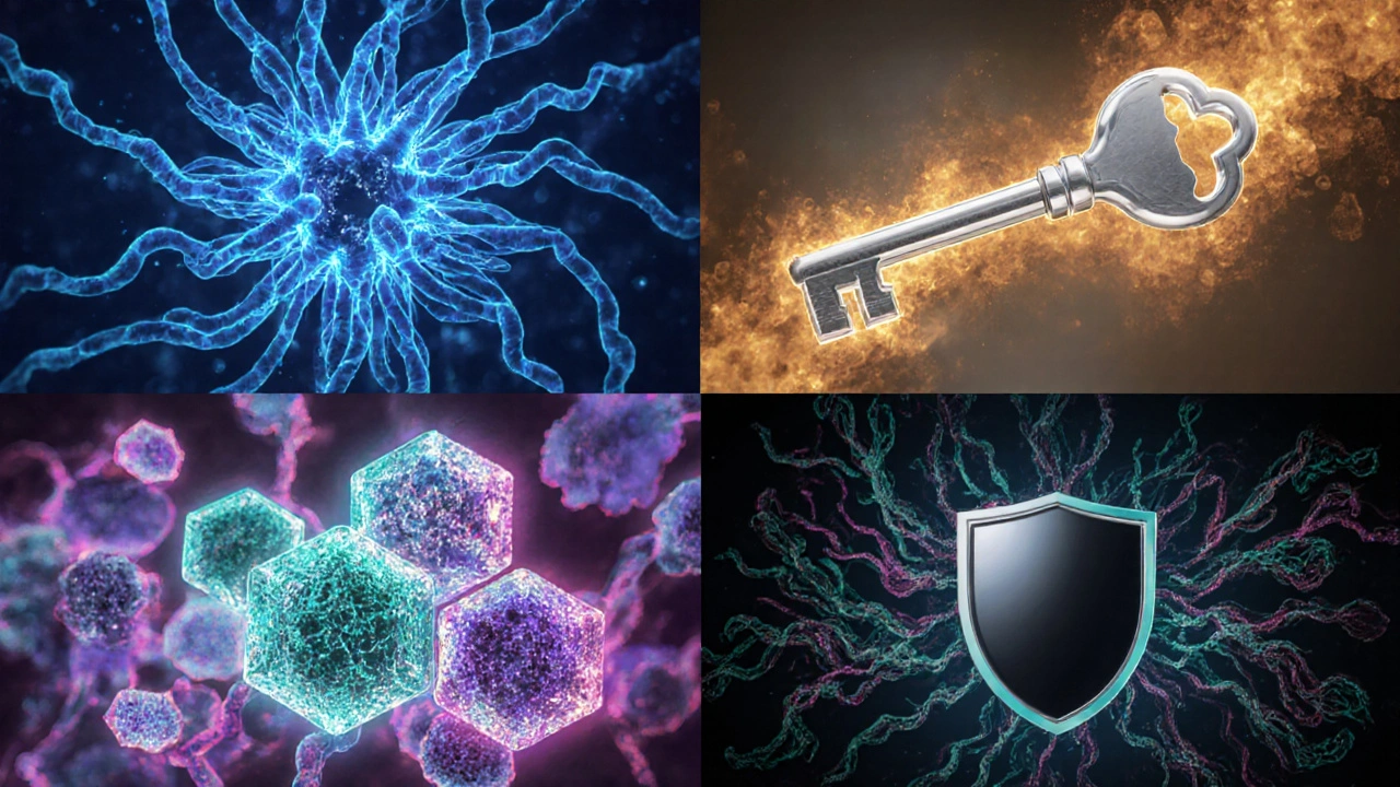 Artistic split‑scene showing four antifungal drugs and their mechanisms.