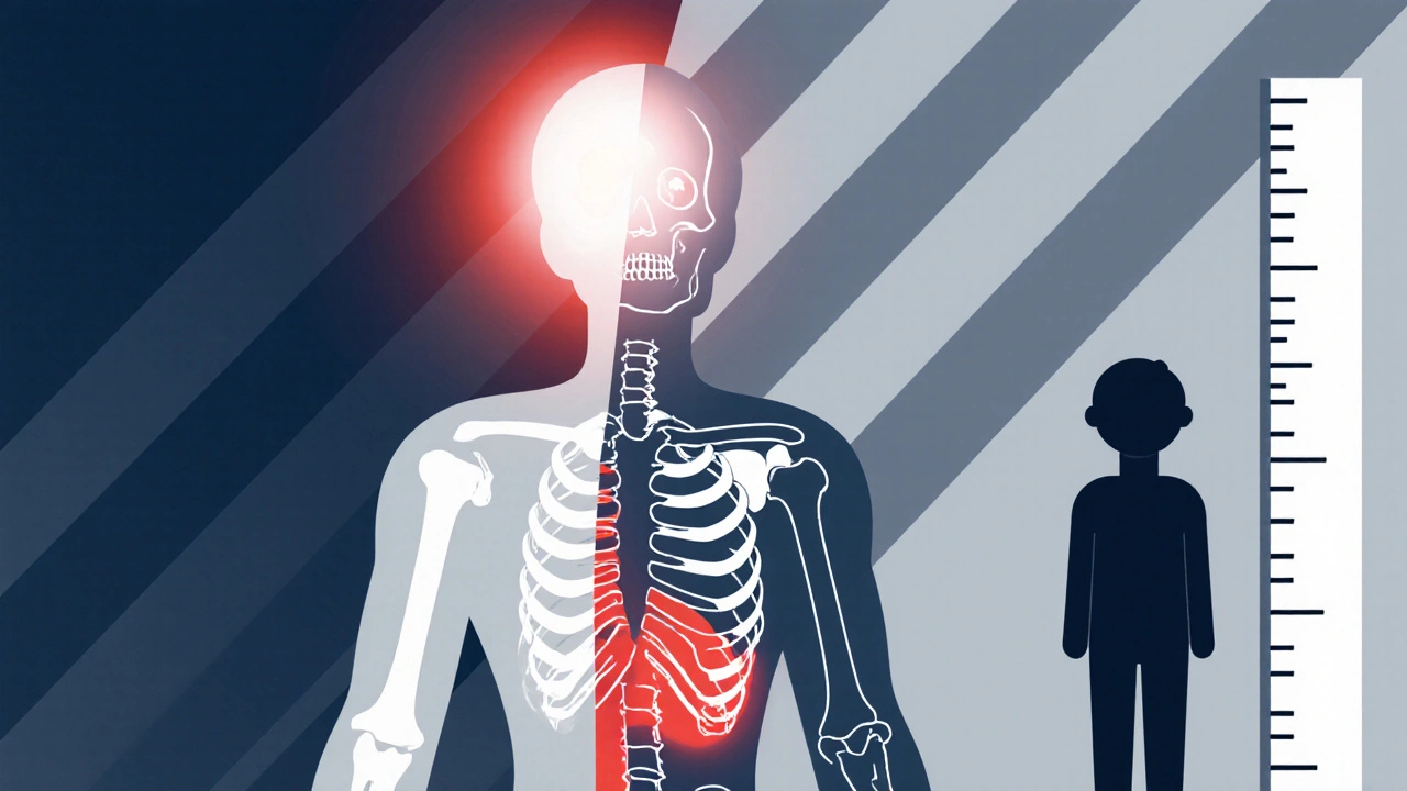 Body silhouette highlighting adrenal glands, bone loss, and a child with reduced height growth.