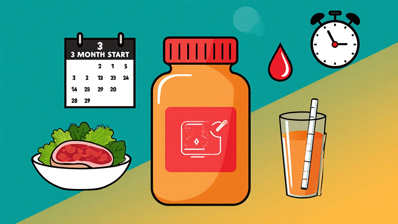 Checklist illustration with supplement bottle, calendar, food, juice, and blood test icons.
