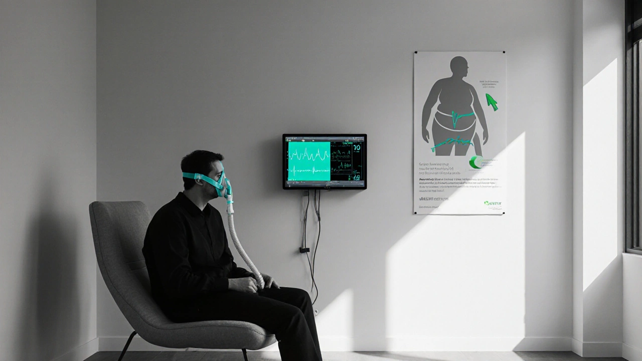 Clinic room with patient using CPAP, heart monitor, and weight loss poster.