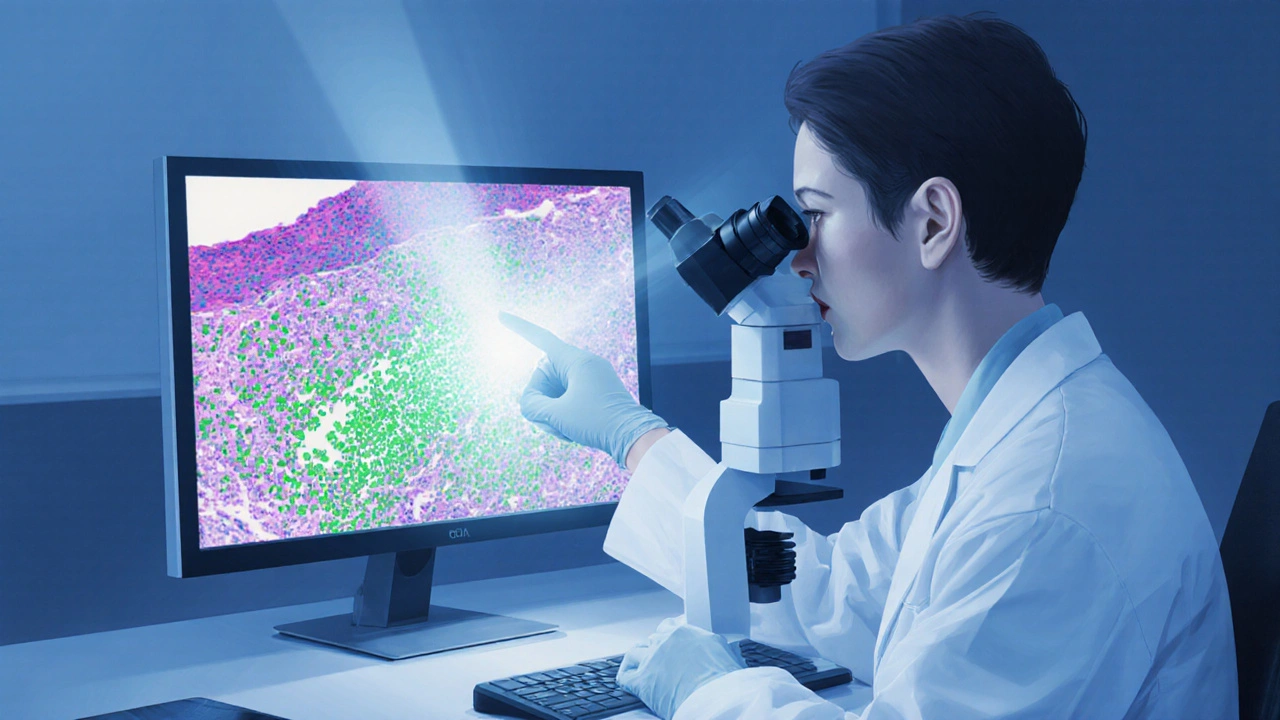 Dermatologist examining a biopsy slide with bright‑green IgA staining under a microscope.