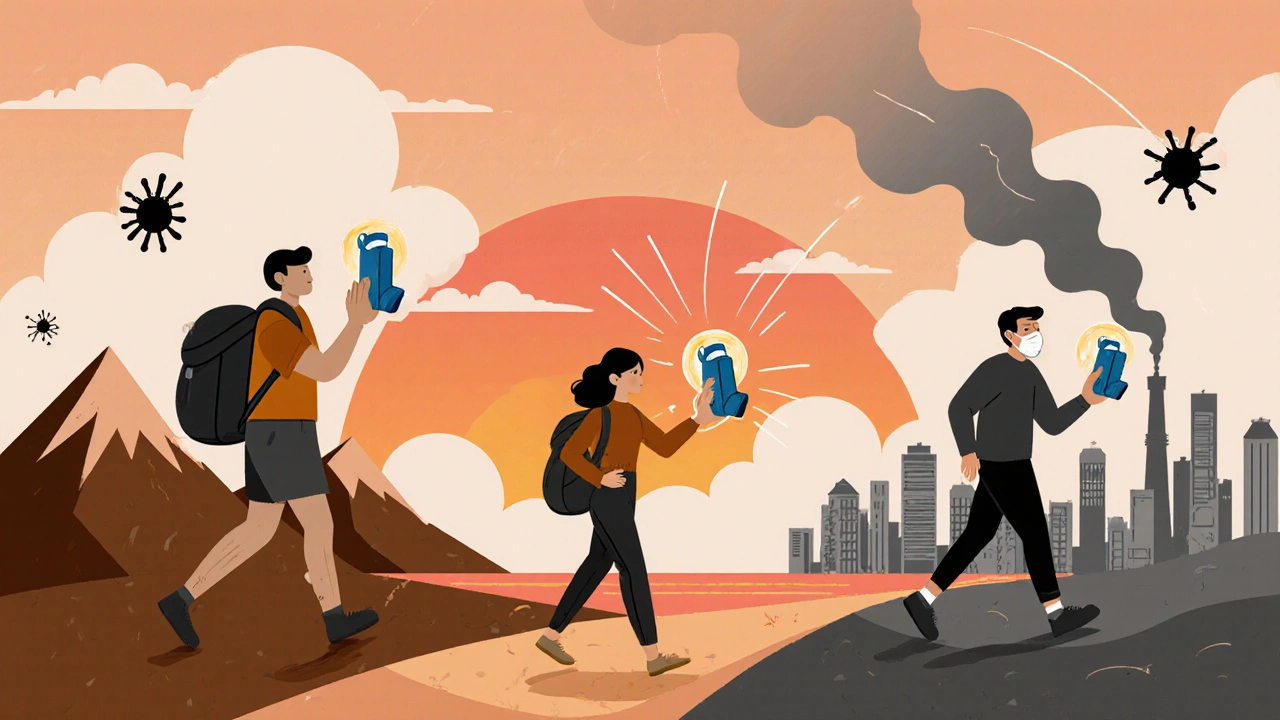 Diverse travelers in different settings each holding an inhaler, with stylized triggers broken by protective arcs.