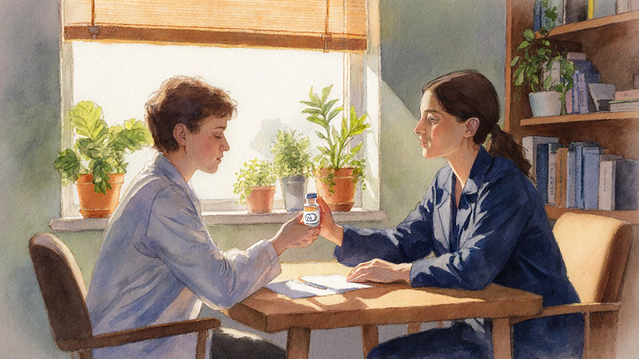 Doctor gently handing a medication vial to patient in a sunlit office.