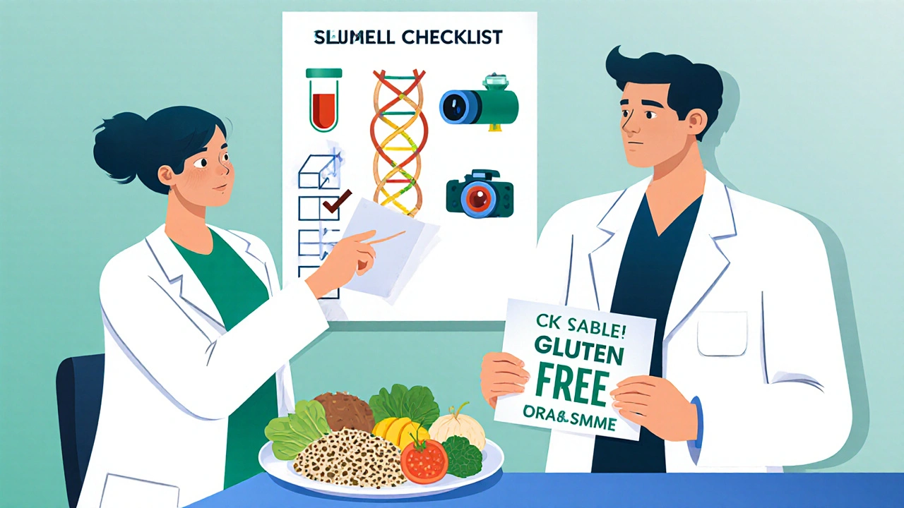 Doctor showing checklist of tests and gluten‑free foods to a relieved patient.