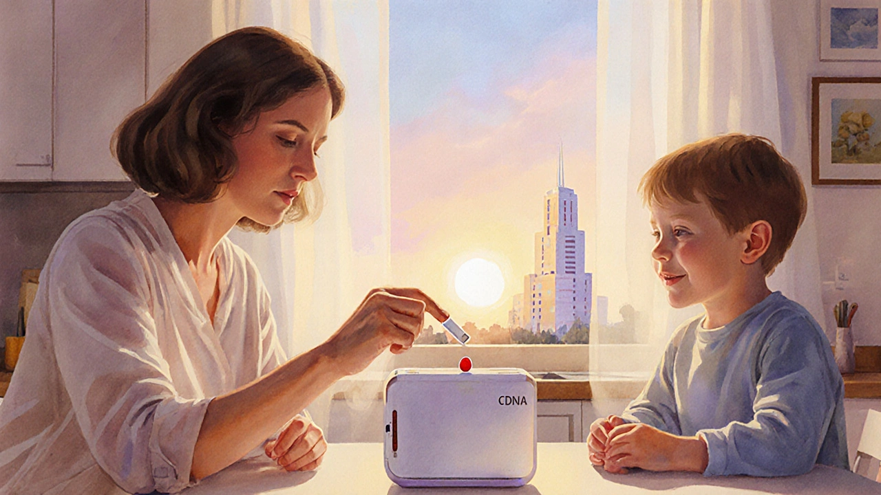 Family using a home blood test kit under warm sunlight.