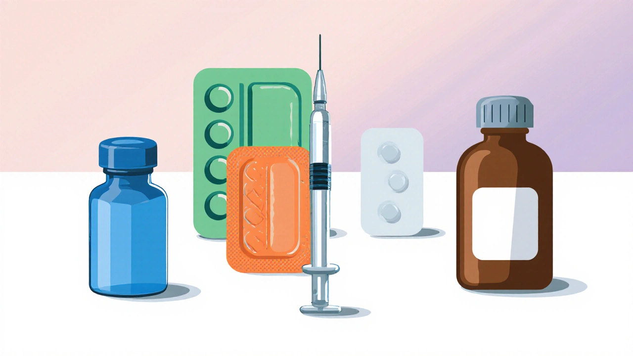 Flat illustration of pill bottle, tablet pack, injector pen, patch, and another pill bottle on a table.