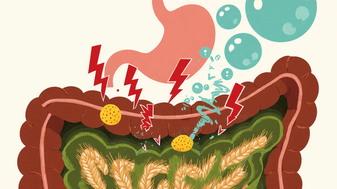 Gluten particles attacking intestinal villi with red immune cells and gas bubbles.