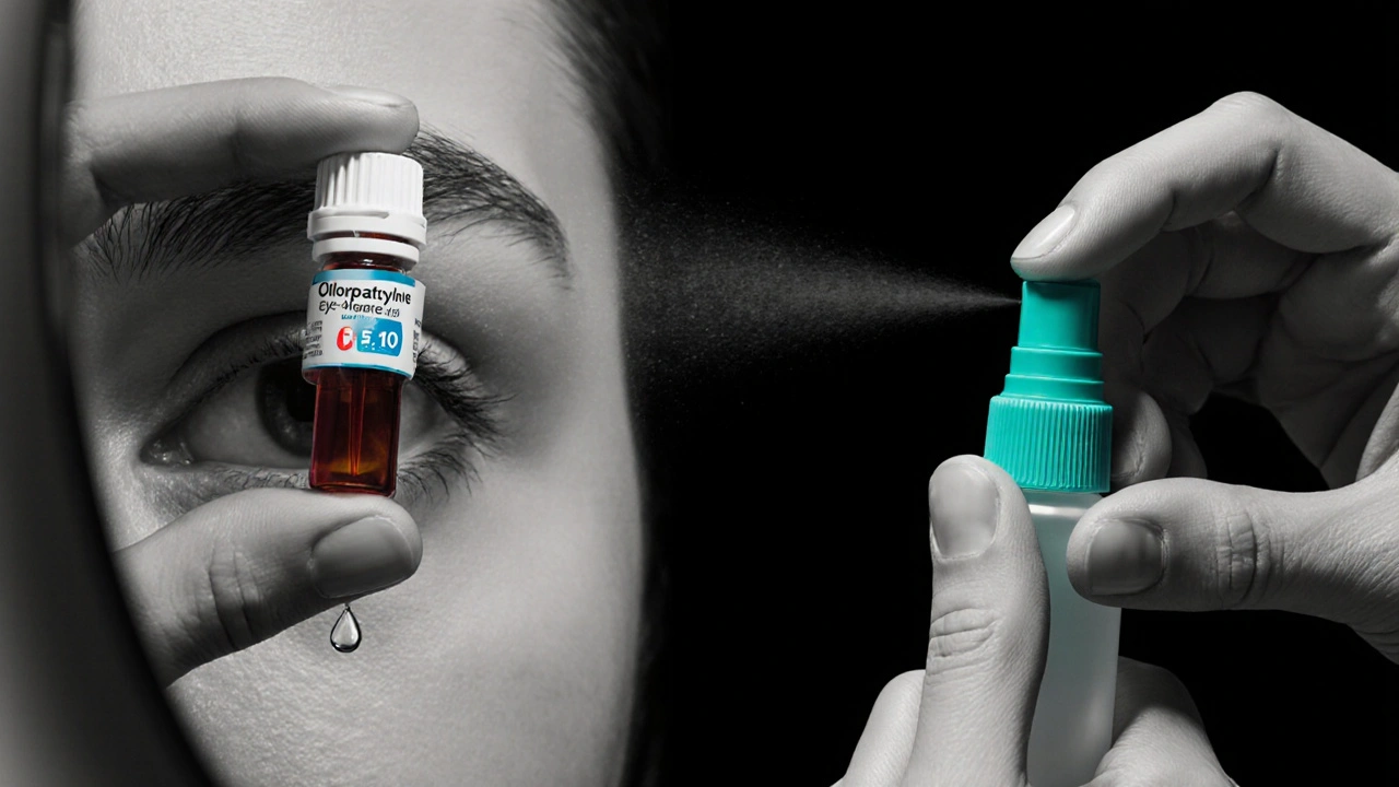 Hand applying Olopatadine eye drop and nasal spray with limited color accents.