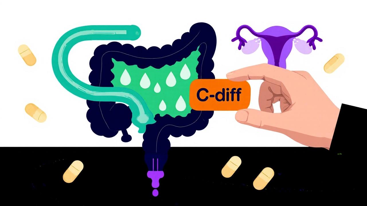 Hand holding an orange pill aiming at a blue colon with green droplets and a purple vaginal gel stream.