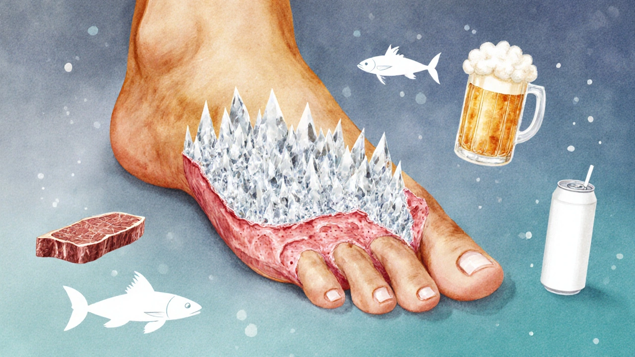 Illustrated cross‑section of a joint showing urate crystals and trigger foods.