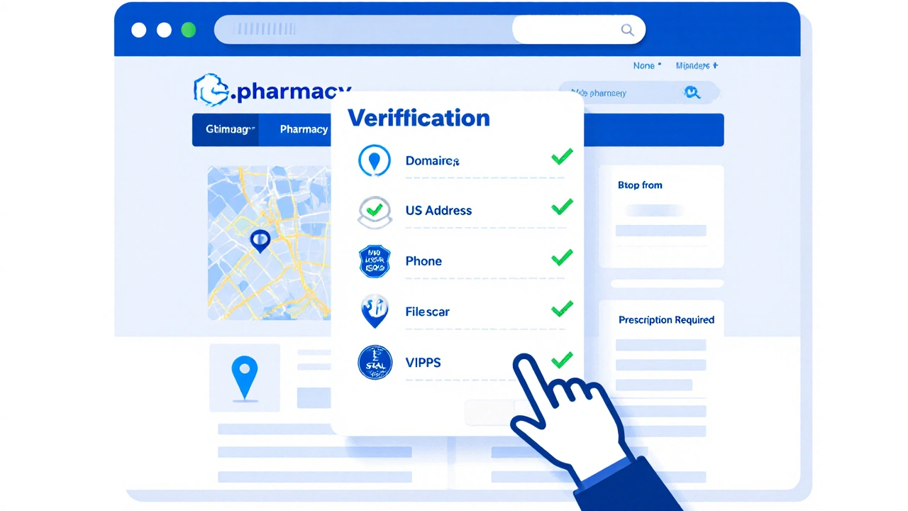 Illustrated pharmacy verification checklist highlighting domain, address, and prescription requirement