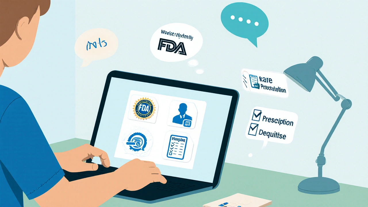 Illustration of a person on a laptop comparing online pharmacies with checklist icons.