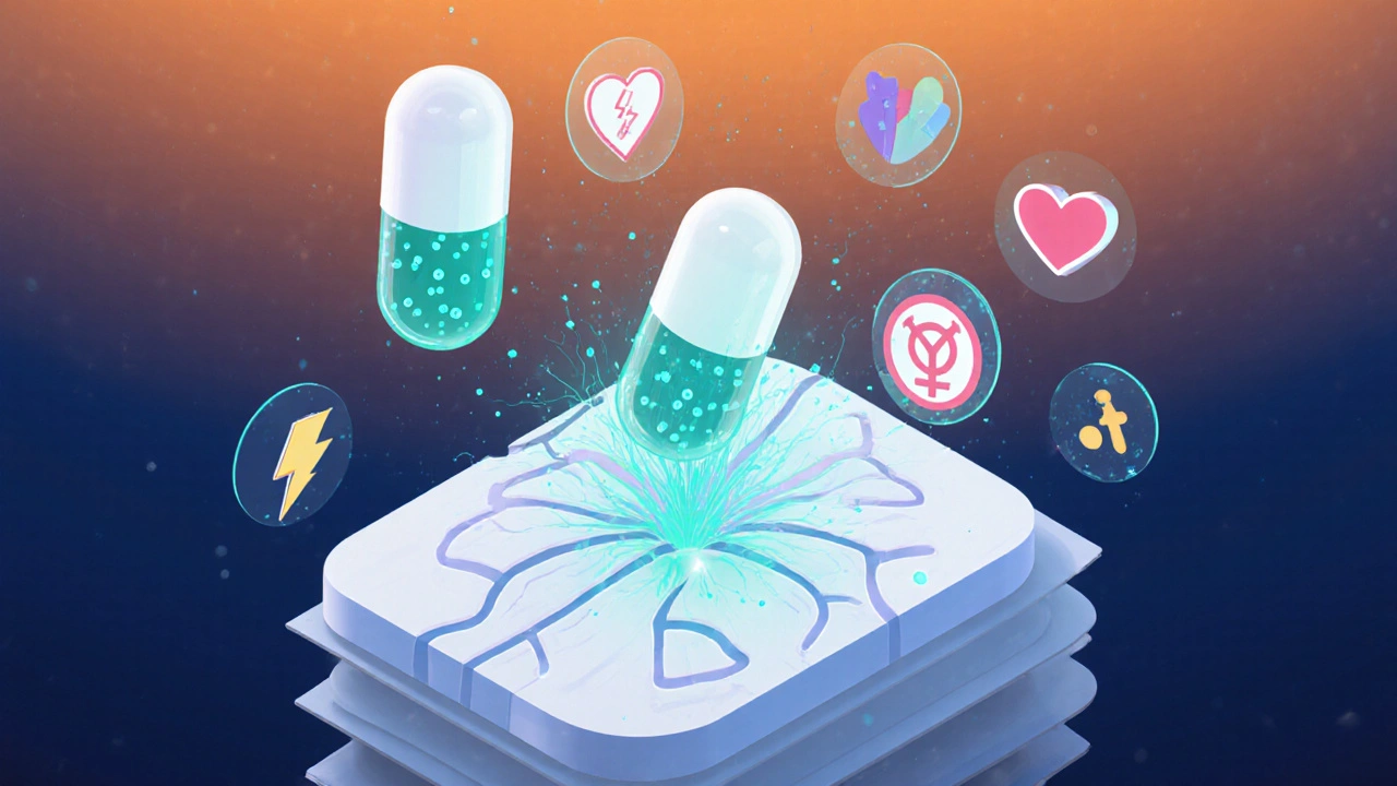 Isometric illustration showing brain synapse and floating pill icons with side‑effect symbols.