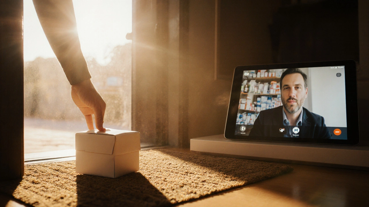 Morning scene of a discreet medication package on a doorstep with a pharmacist video chat visible.