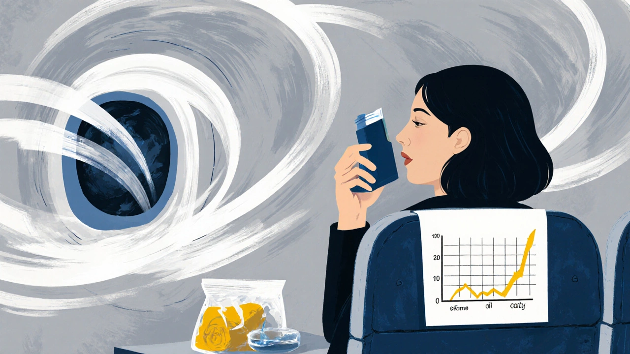 Passenger using inhaler on airplane with abstract air currents and oxygen level graph in background.