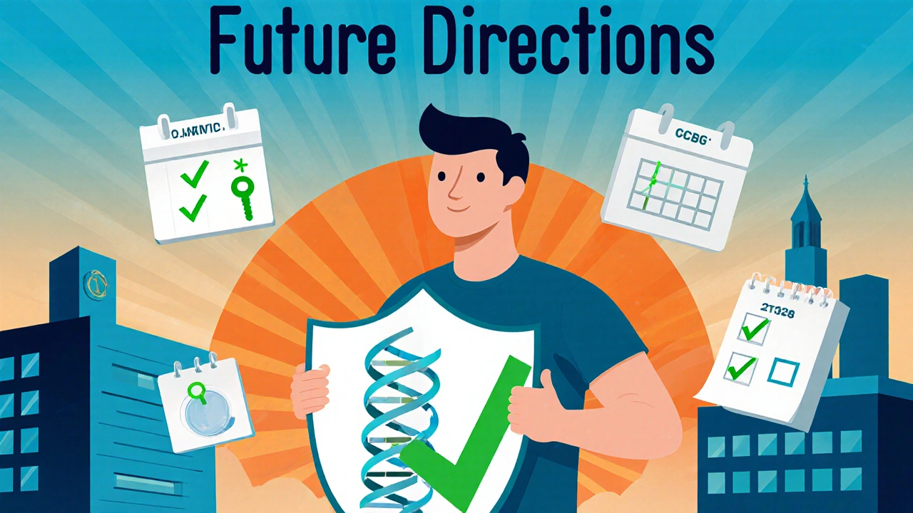 Patient holding a DNA‑shield, surrounded by icons for genetic testing and monitoring.
