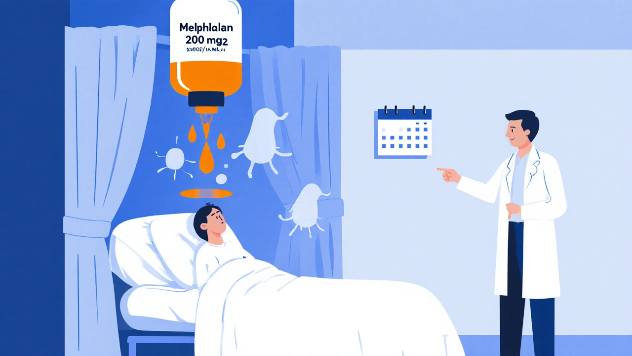 Patient receiving high‑dose melphalan while ghostly leukemia cells hint at secondary risk.