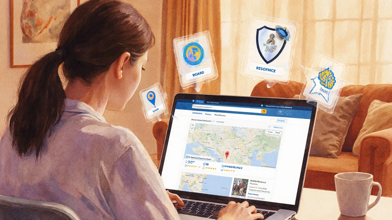 Patient researching dermatologists online with checklist icons surrounding a laptop.