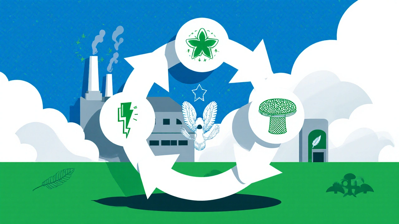 Poster of recycling loop with icons for electrocoagulation, filtration, and fungal bioremediation.
