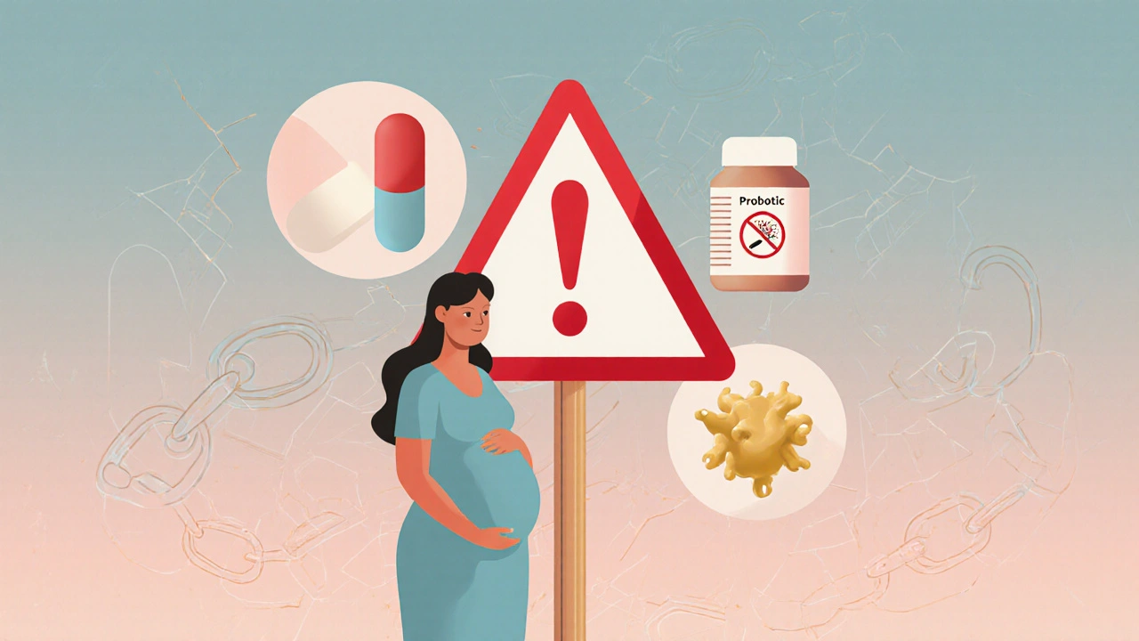 Pregnant figure beside warning triangle with pill, probiotic bottle, and yeast cell icons.