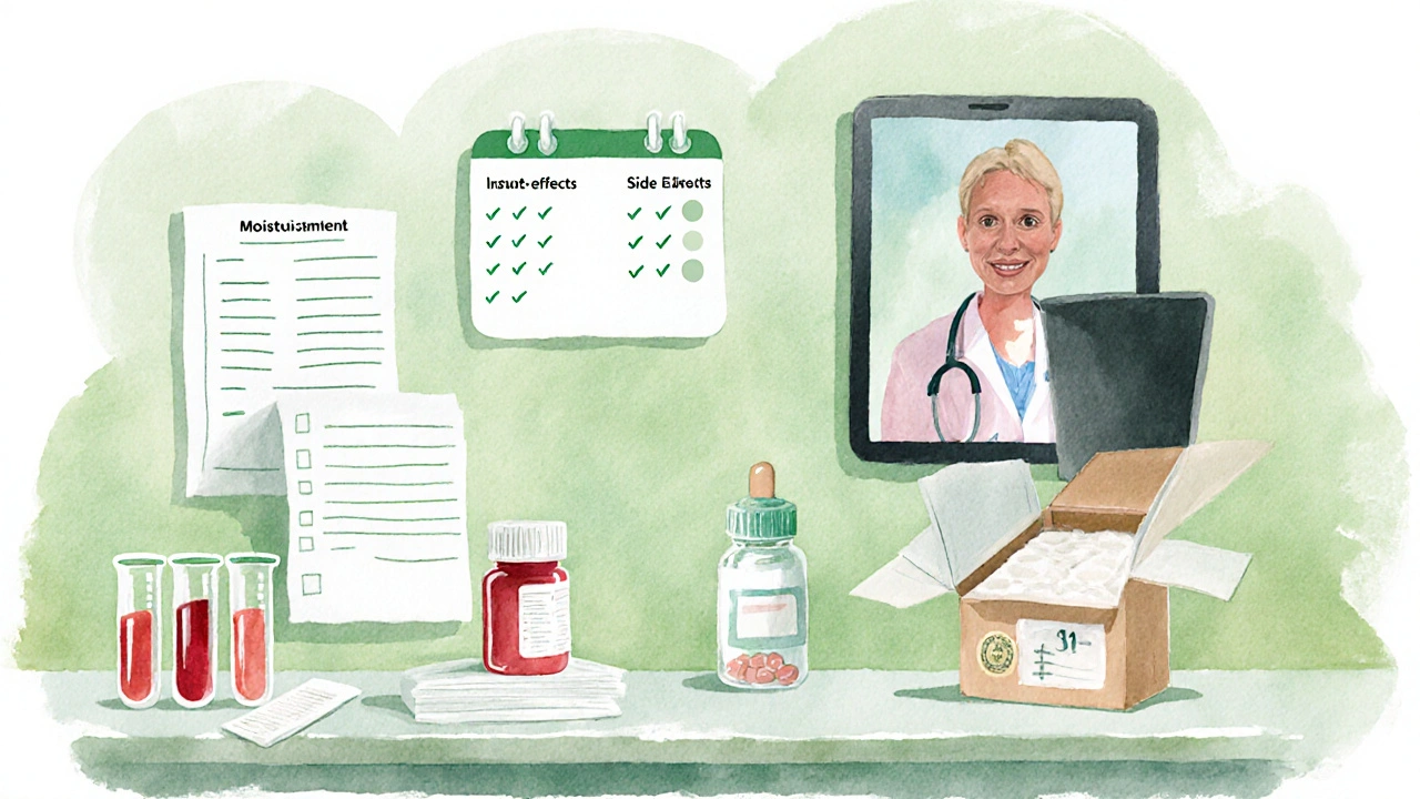 Scene of dermatologist video call, lab tubes, pill shipment, and side‑effect checklist