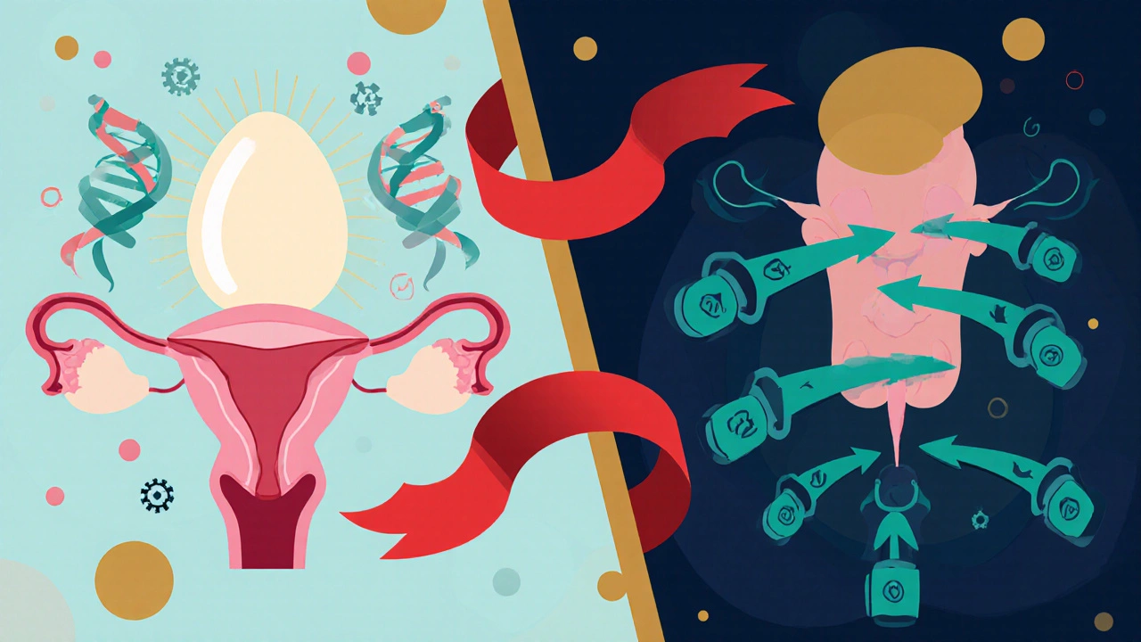 Split scene showing egg development and sperm with iron and folate symbols.