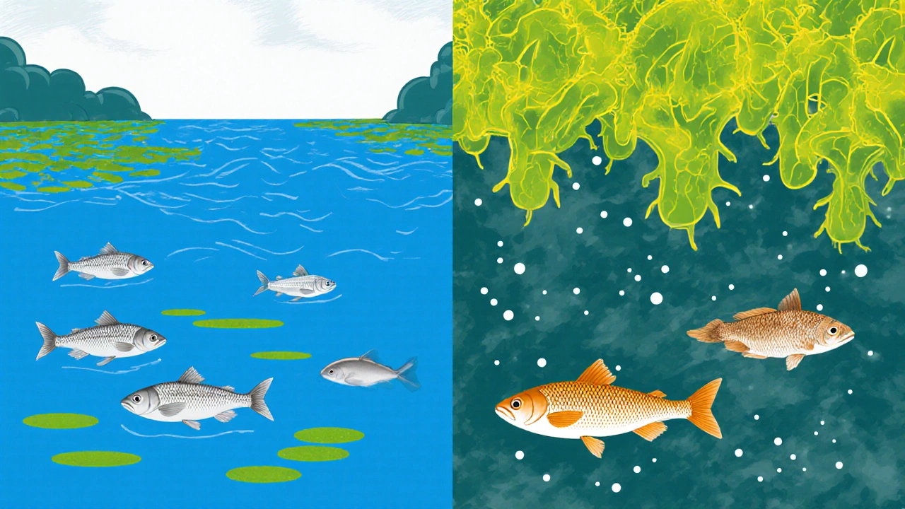 Split view of a healthy river versus polluted water with distressed fish and cyanobacteria bloom.