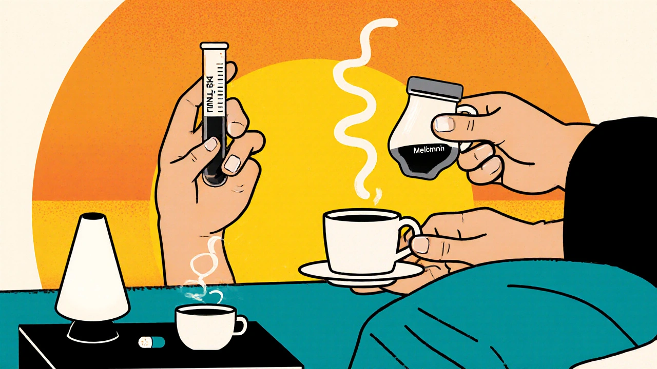 Sunrise bedroom scene with blood test tube, morning pill, melatonin capsule, and sleep‑hygiene items.