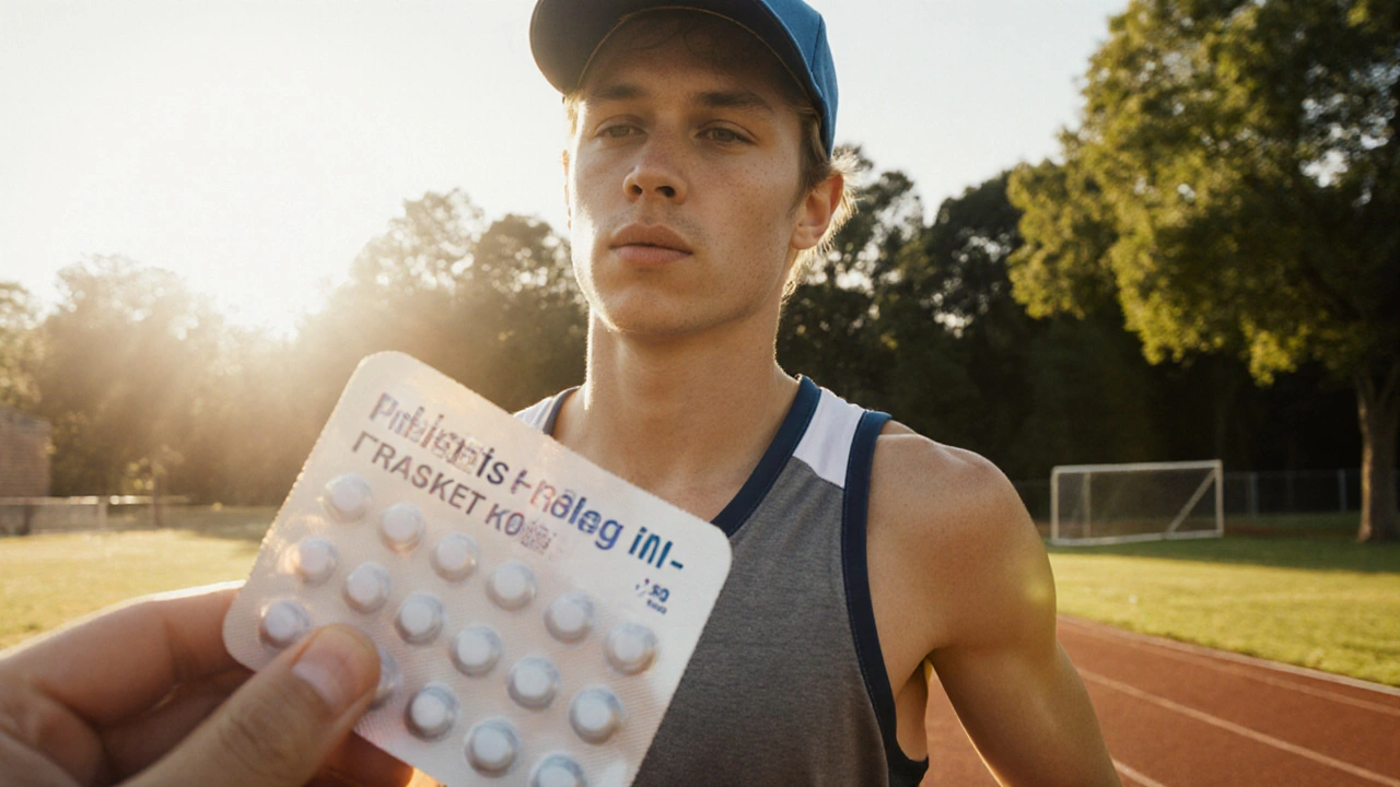 Teen athlete on a sunny track holding Griseofulvin, with scalp ringworm highlighted.
