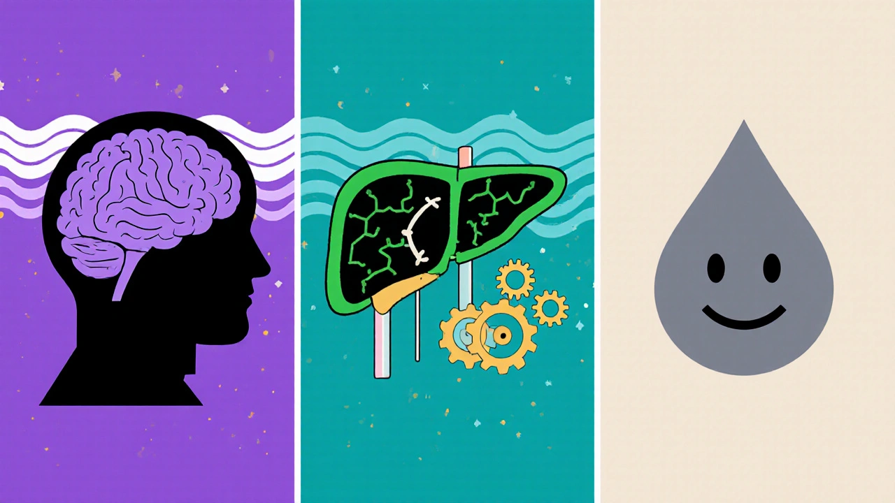 Three panels showing brain waves fading, liver enzyme gears turning, and a dim GABA droplet.