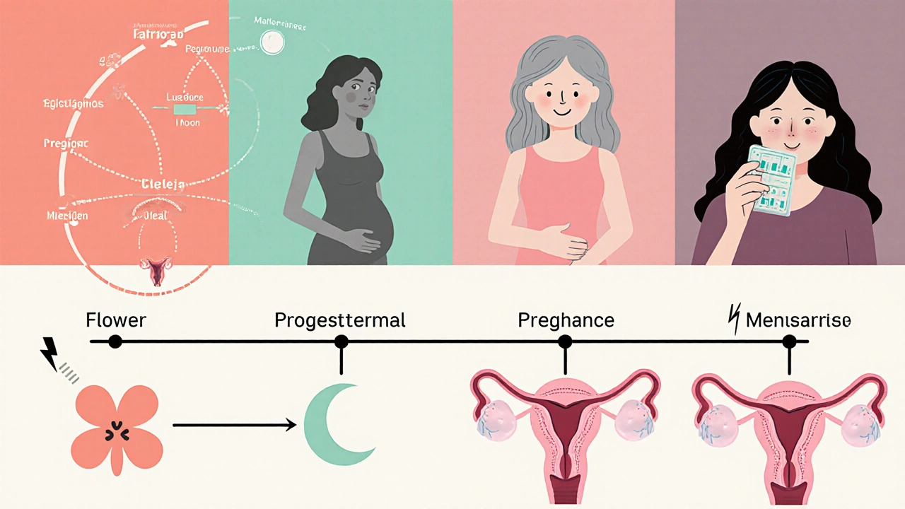 Timeline collage of menstrual cycle, pregnancy, menopause, and birth control with hormone symbols.