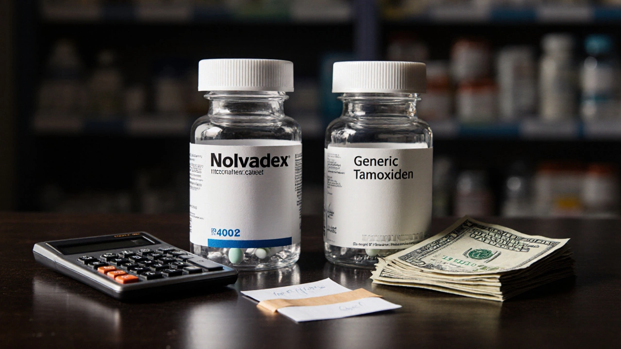 Two pill bottles beside cash and calculator illustrating price difference.