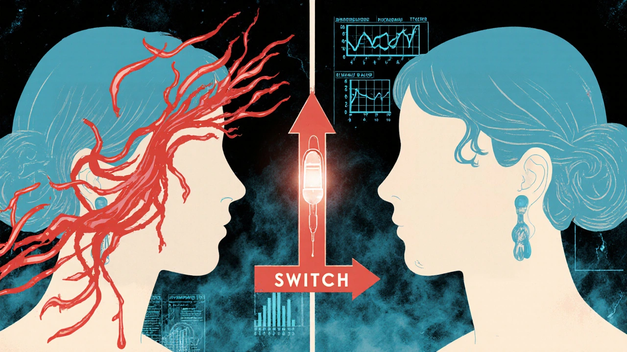 Two women compared: one with chaotic bleeding, the other with controlled flow, connected by an arrow to an IUD.