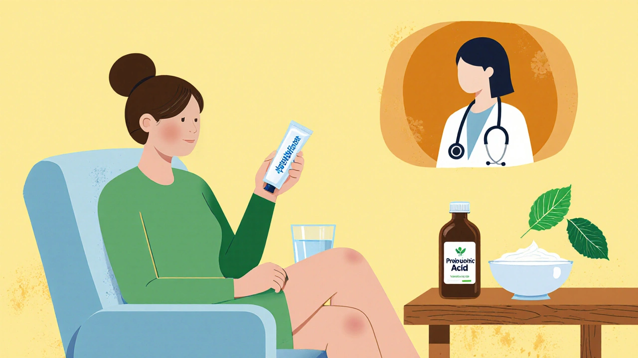 Woman applying lubricant beside water, yogurt, and a doctor silhouette in a soothing setting.
