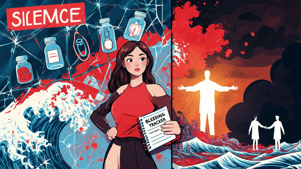 Woman breaking through silence with medical tools rising from red ink, doctors reaching toward her.