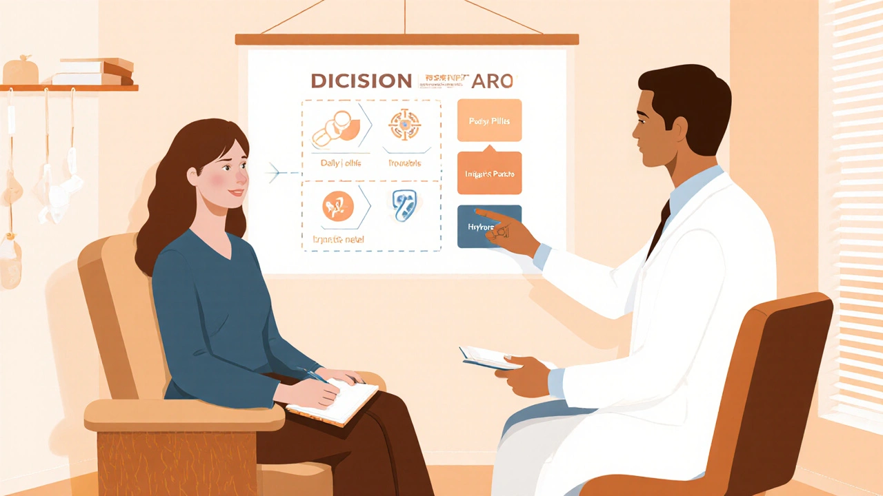 Woman consulting doctor in warm exam room, discussing treatment options with a decision chart.