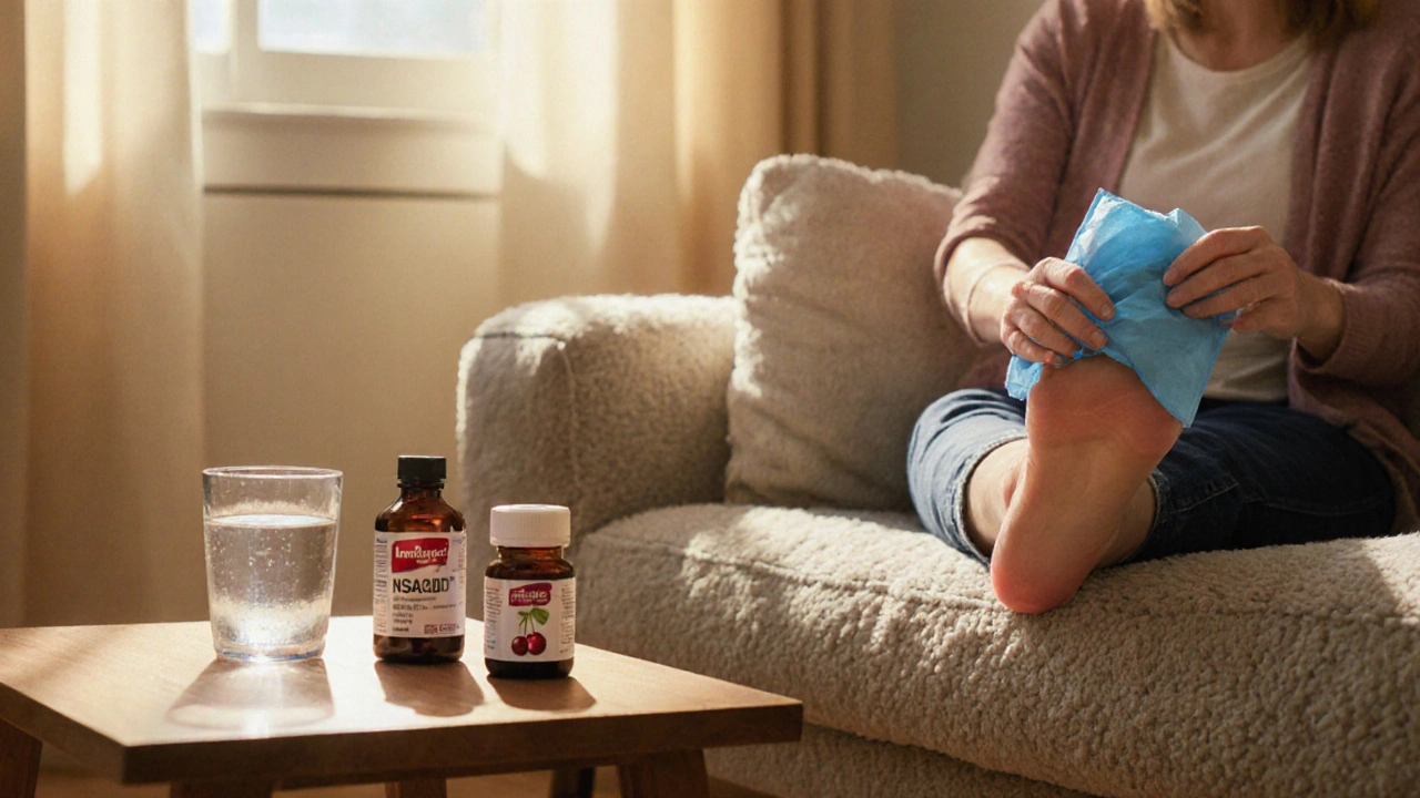 Woman elevating her foot with a cold pack, water, and medication at home.