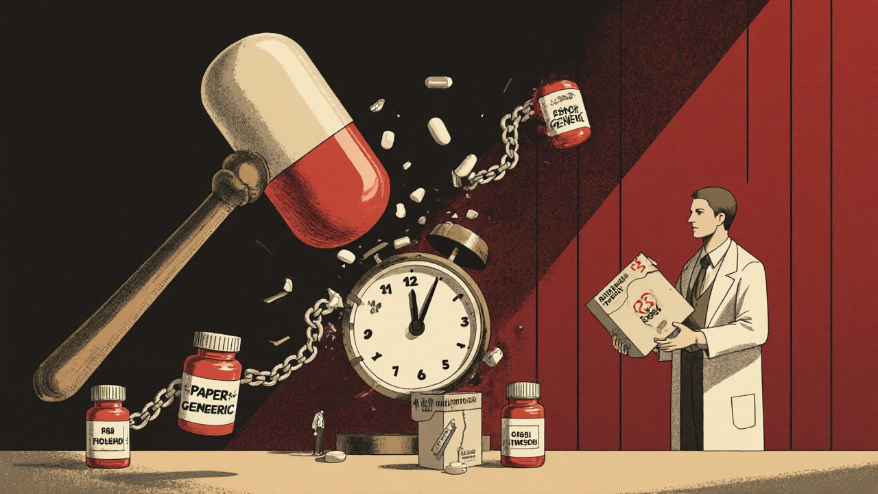 A gavel shaped like a pill crushes a &#039;Paper Generic&#039; clock as delayed bottles fall away.
