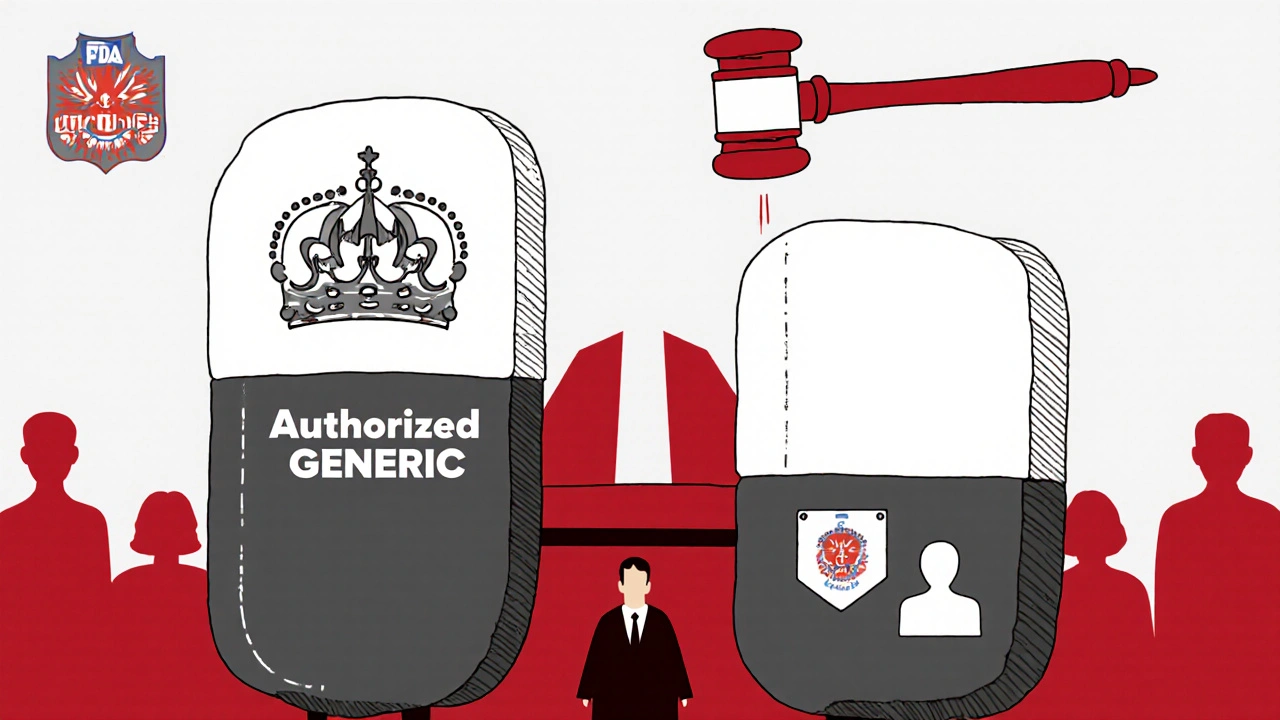 A giant authorized generic pill on trial beside its branded twin, with FDA judge and patient jury in bold poster art style.
