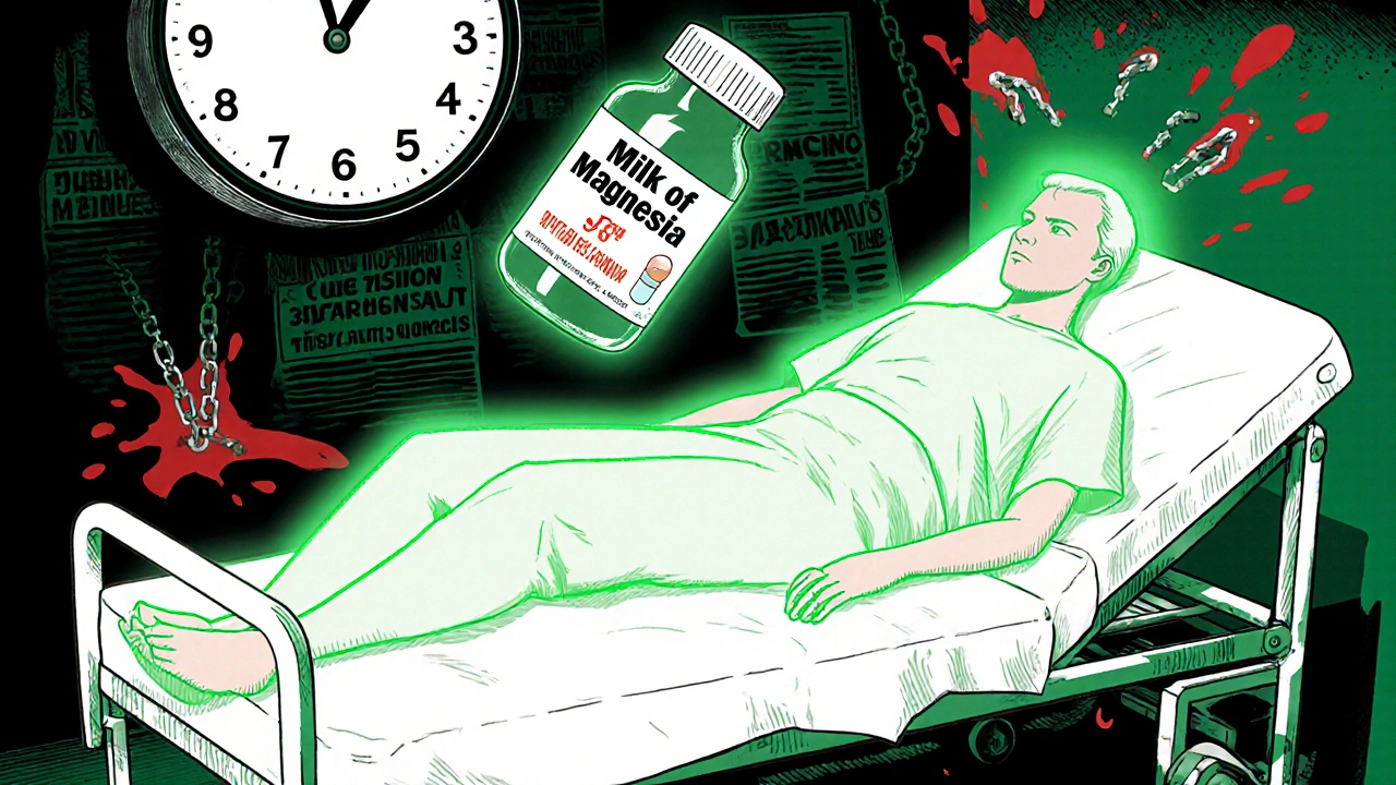 A paralyzed patient surrounded by glowing magnesium ions from a Milk of Magnesia bottle.