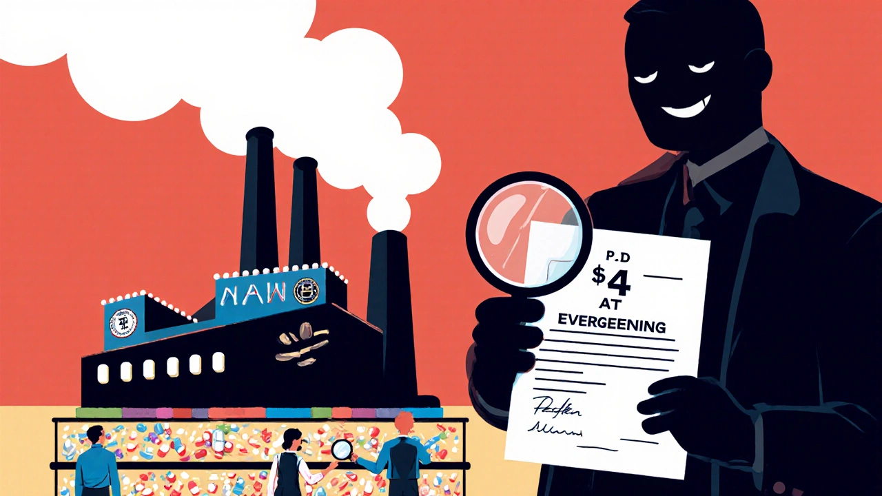 A pharmaceutical factory produces expensive combo pills while people access affordable generics below.