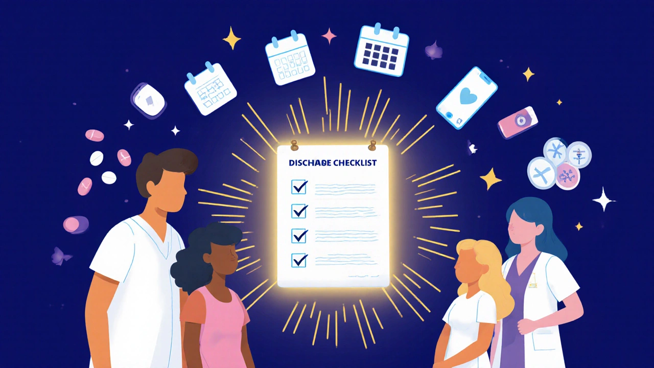 A pharmacist, nurse, and family member stand around a discharge checklist with symbolic icons glowing around them.