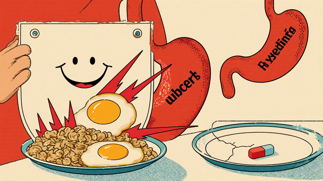 A protective meal shielding the stomach from damage when taking ibuprofen, shown in stylized graphic poster art.