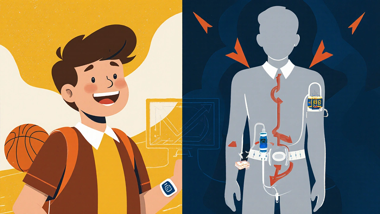 A teen plays basketball while an invisible closed-loop system adjusts insulin in response to rising blood sugar after lunch.