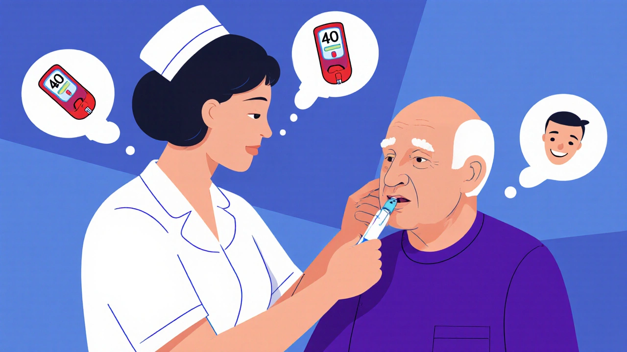 An elderly man demonstrates insulin use to a nurse, with thought bubbles showing correct and wrong actions.