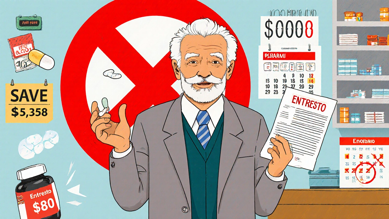 An elderly person chooses generic pills over an overpriced combo, with cost savings displayed in the background.