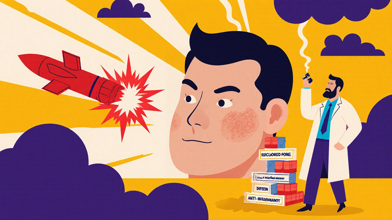 Benzoyl peroxide attacking pimples while Differin rebuilds skin like an architect in a stylized facial landscape.